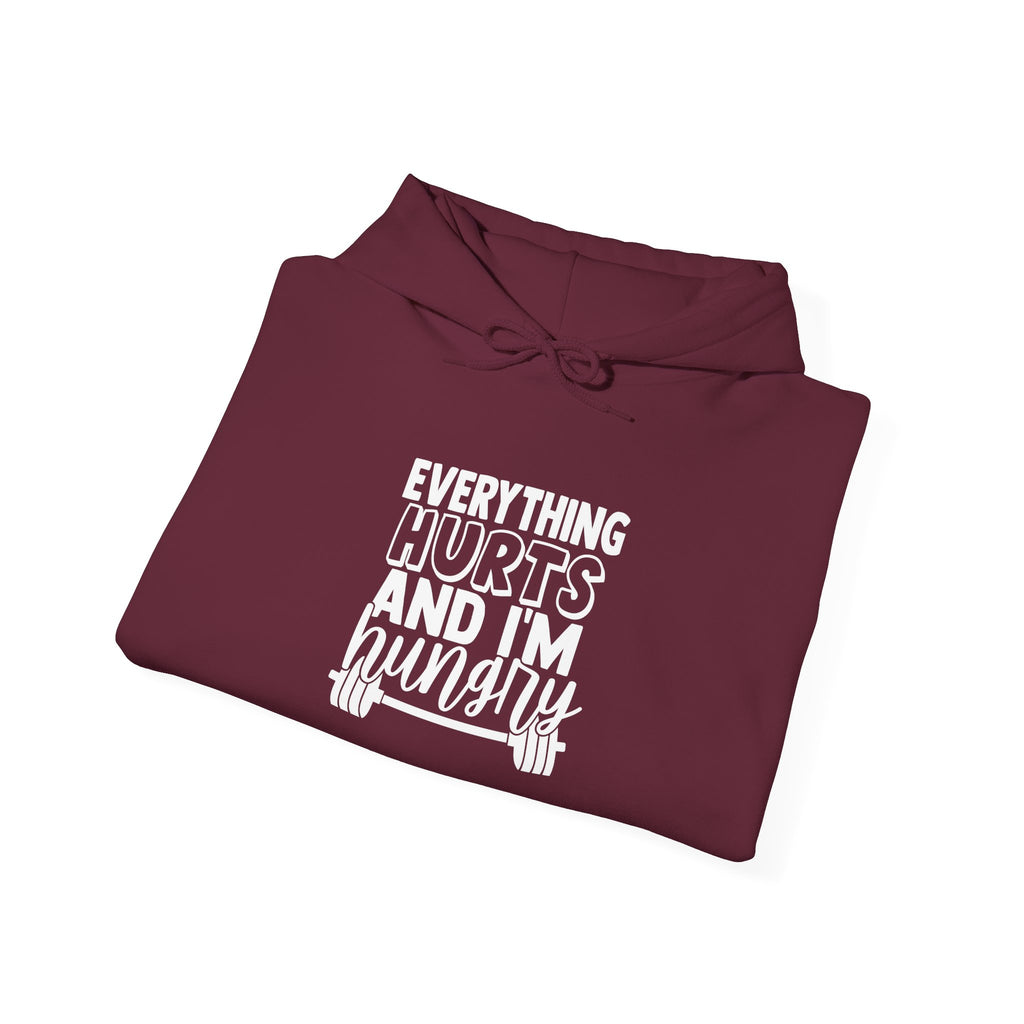 Everything Hurts & I'm Hungry  - Unisex Heavy Blend Hooded Sweatshirt  - White Print Front/Arm