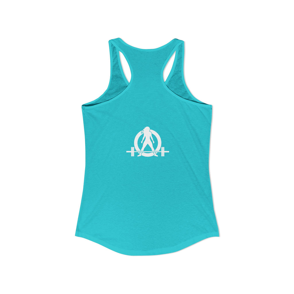 Strong Not Skinny - White Distressed Logo - Women's Ideal Racerback Tank - Front & Back Print