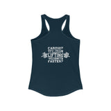 Cardio = Lift Weights Faster - Distressed White Logo - Ideal Racerback Tank - Front & Back