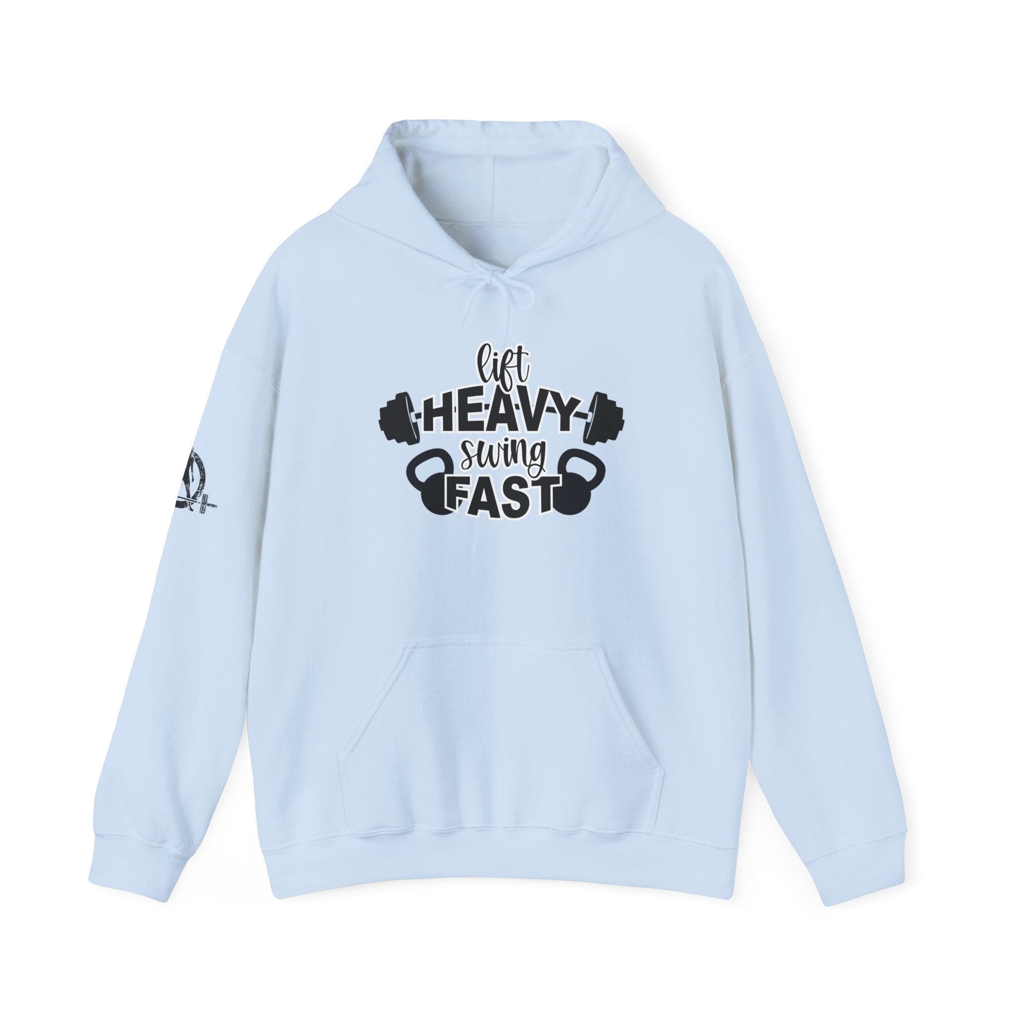 Lift Heavy Swing Fast - Unisex Heavy Blend Hooded Sweatshirt - Black Logo - Right Shoulder - Plain Back