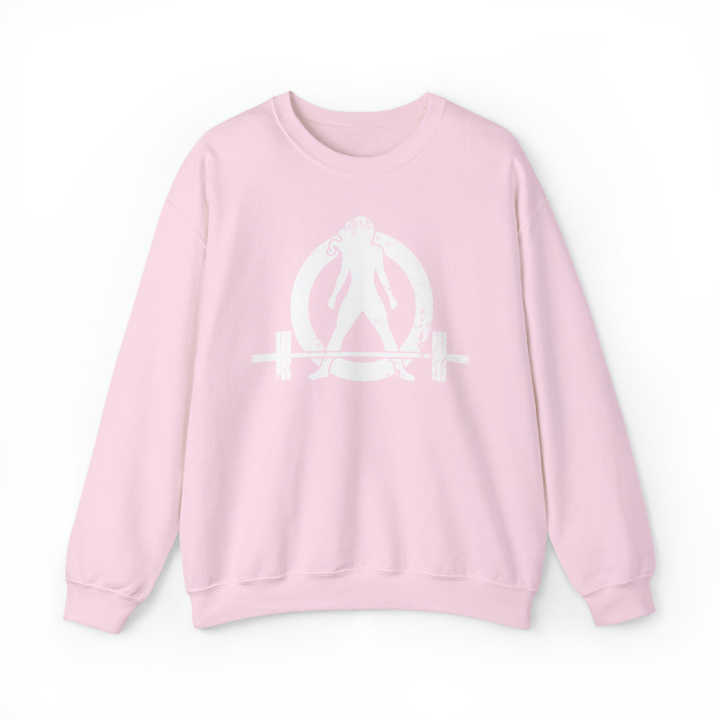 COFFEE and a Barbell - Unisex Heavy Blend™ Crewneck Sweatshirt - Distressed Logo - Plain Back