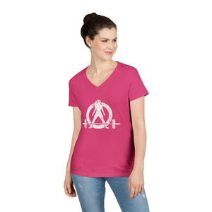 Ladies' V-Neck T-Shirt -  White Distressed Logo