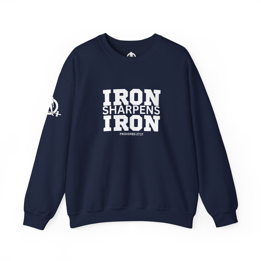 Iron Sharpens Iron - Unisex Heavy Blend™ Crewneck Sweatshirt - Front White Logo - Plain Back
