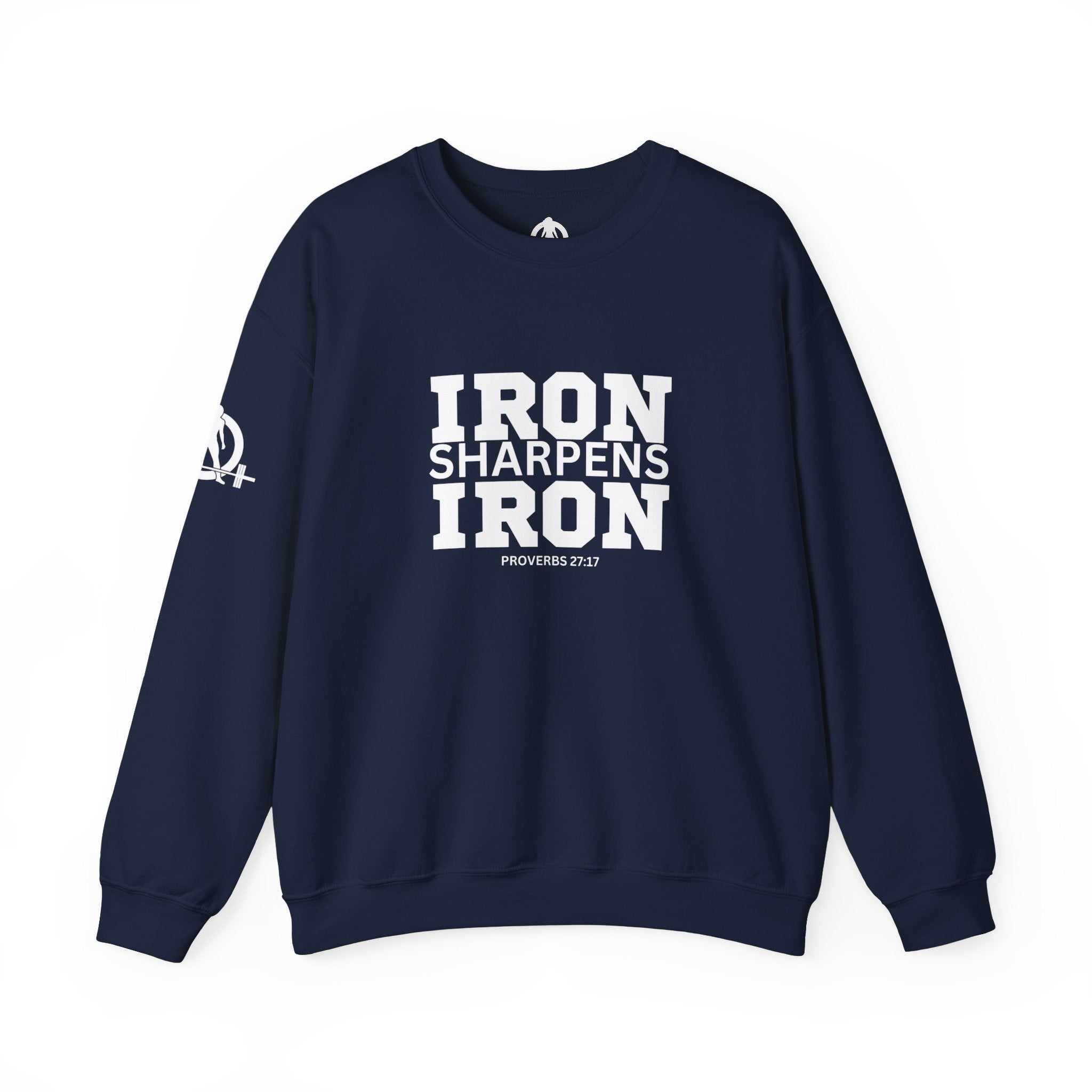 Iron Sharpens Iron - Unisex Heavy Blend™ Crewneck Sweatshirt - Front White Logo - Plain Back