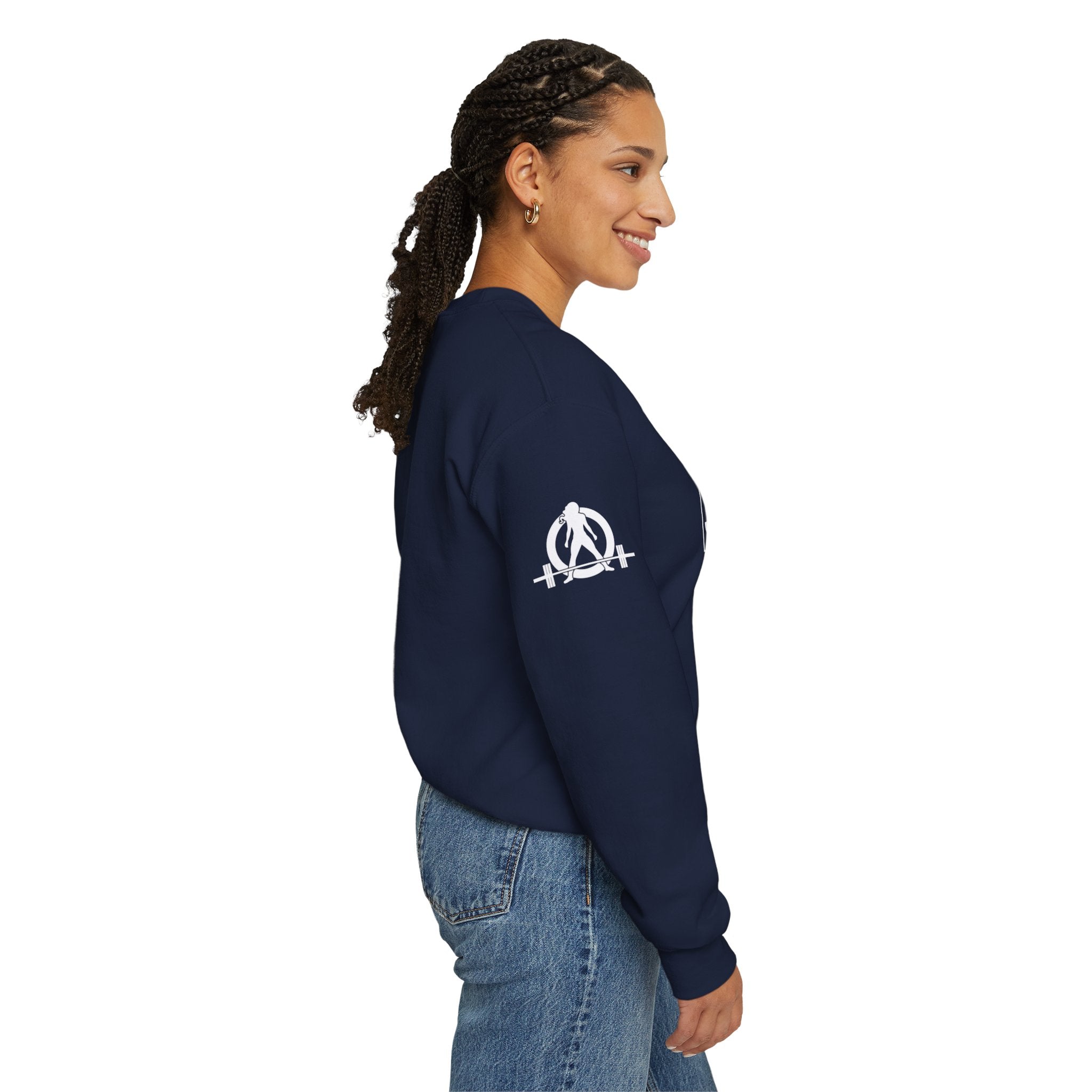 She is STRONG - Unisex Heavy Blend™ Crewneck Sweatshirt - Front White Logo - Plain Back