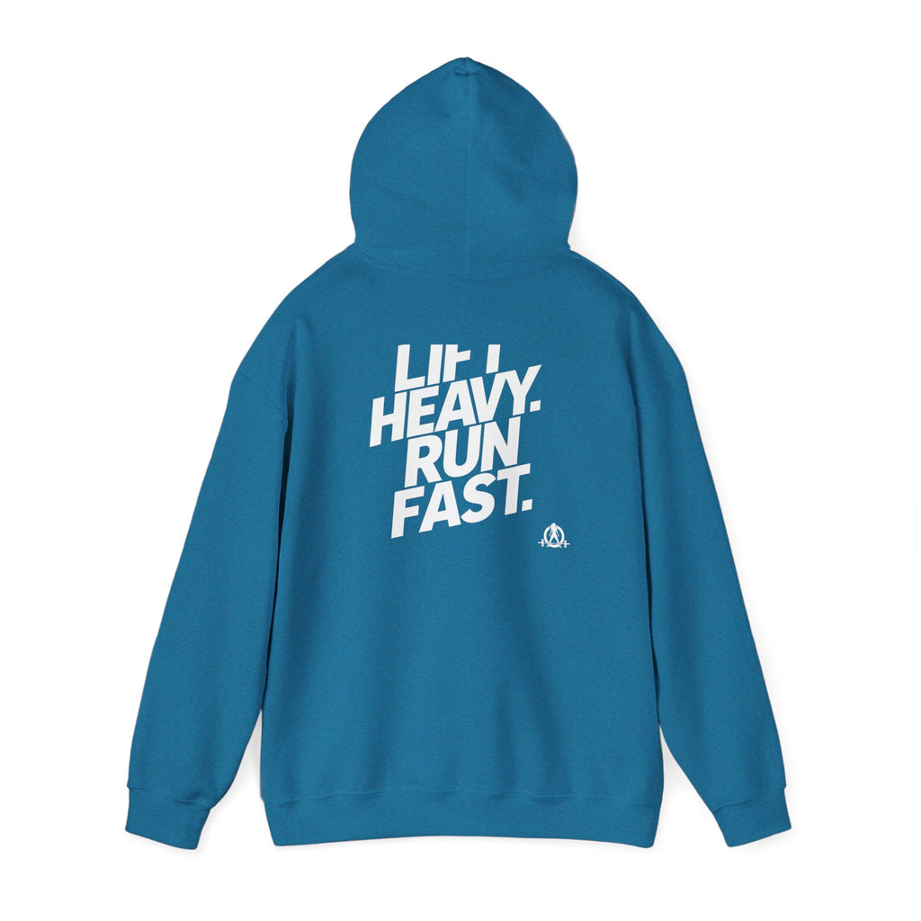 Lift Heavy Run Fast - Unisex Heavy Blend Hooded Sweatshirt - Front White & Back Logo
