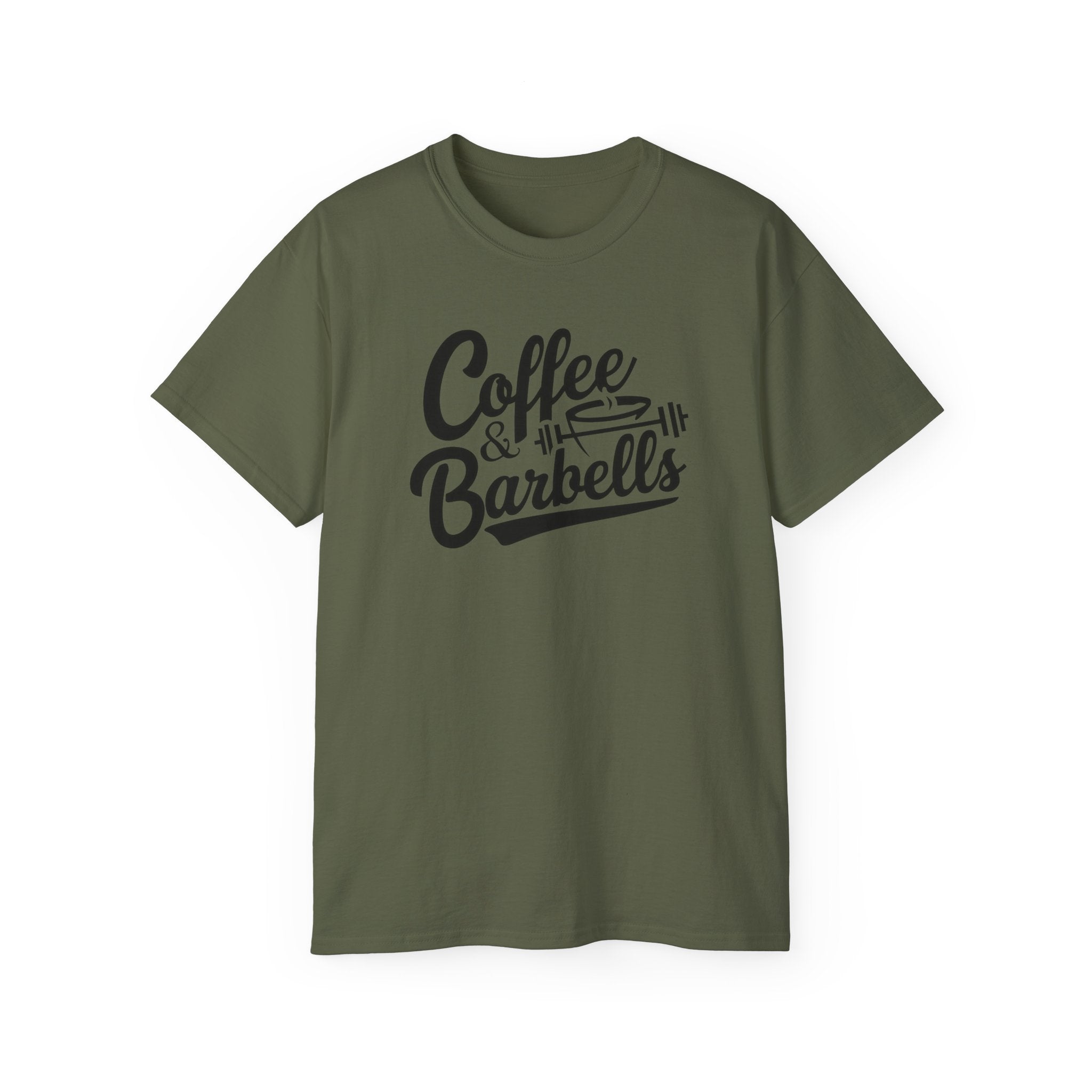 Coffee & Barbells - Unisex Ultra Cotton Tee - Front Black Logo - Plain Back