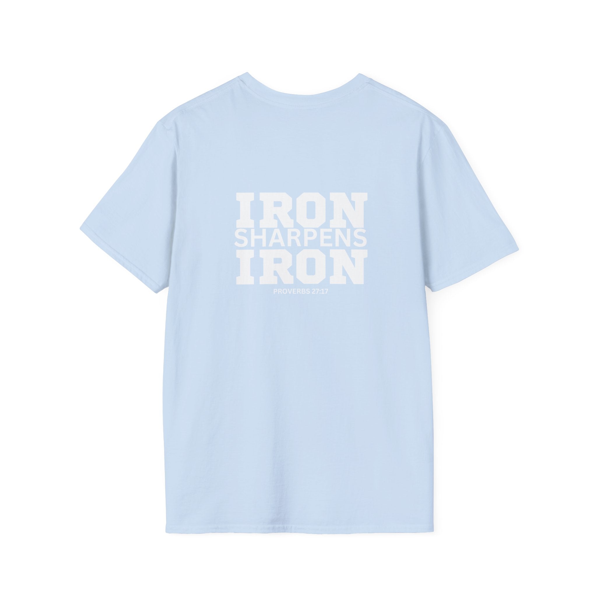 Iron Sharpens Iron - Unisex Softstyle T-Shirt - White Logo Front & Back