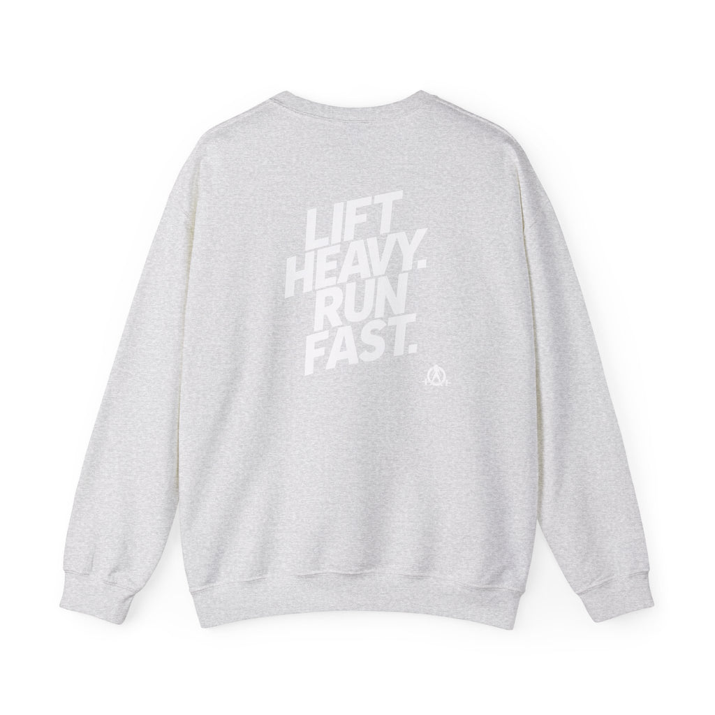 Lift Heavy Run Fast - Unisex Heavy Blend™ Crewneck Sweatshirt - White Logo Front & Back