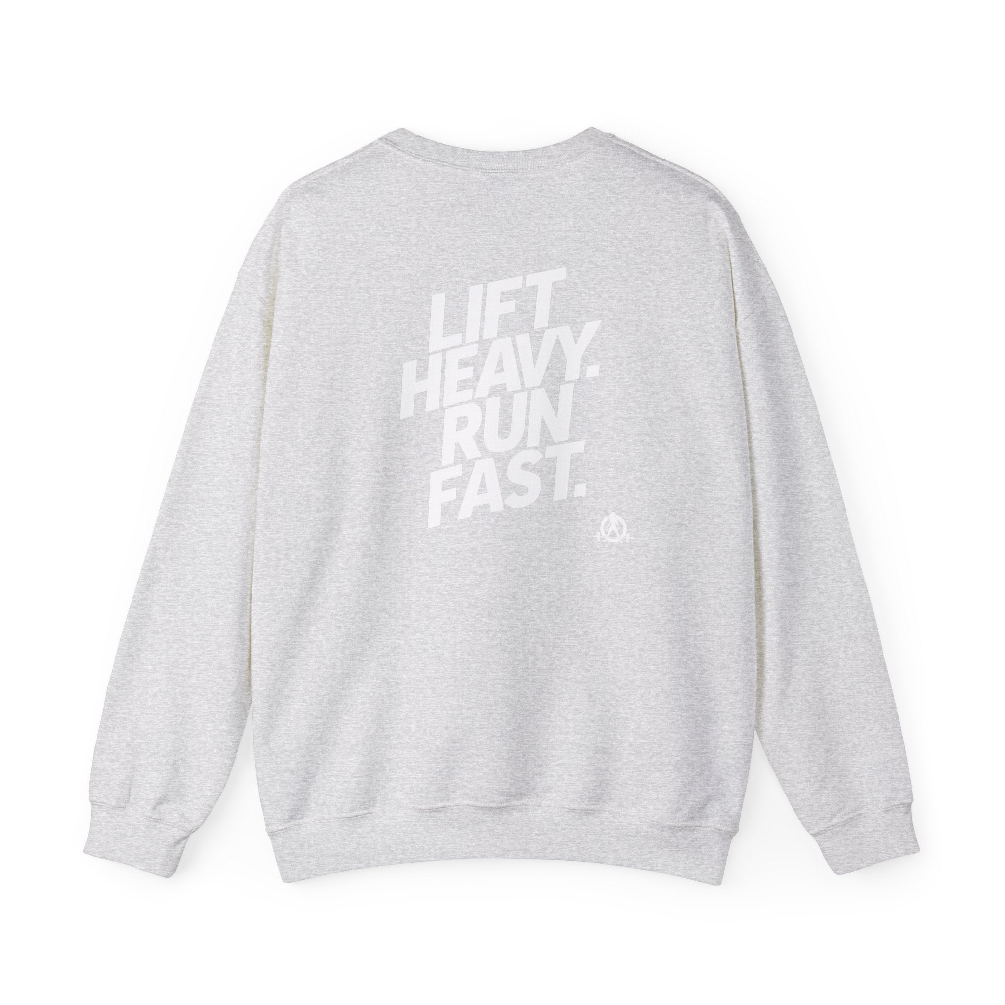 Lift Heavy Run Fast - Unisex Heavy Blend™ Crewneck Sweatshirt - White Logo Front & Back