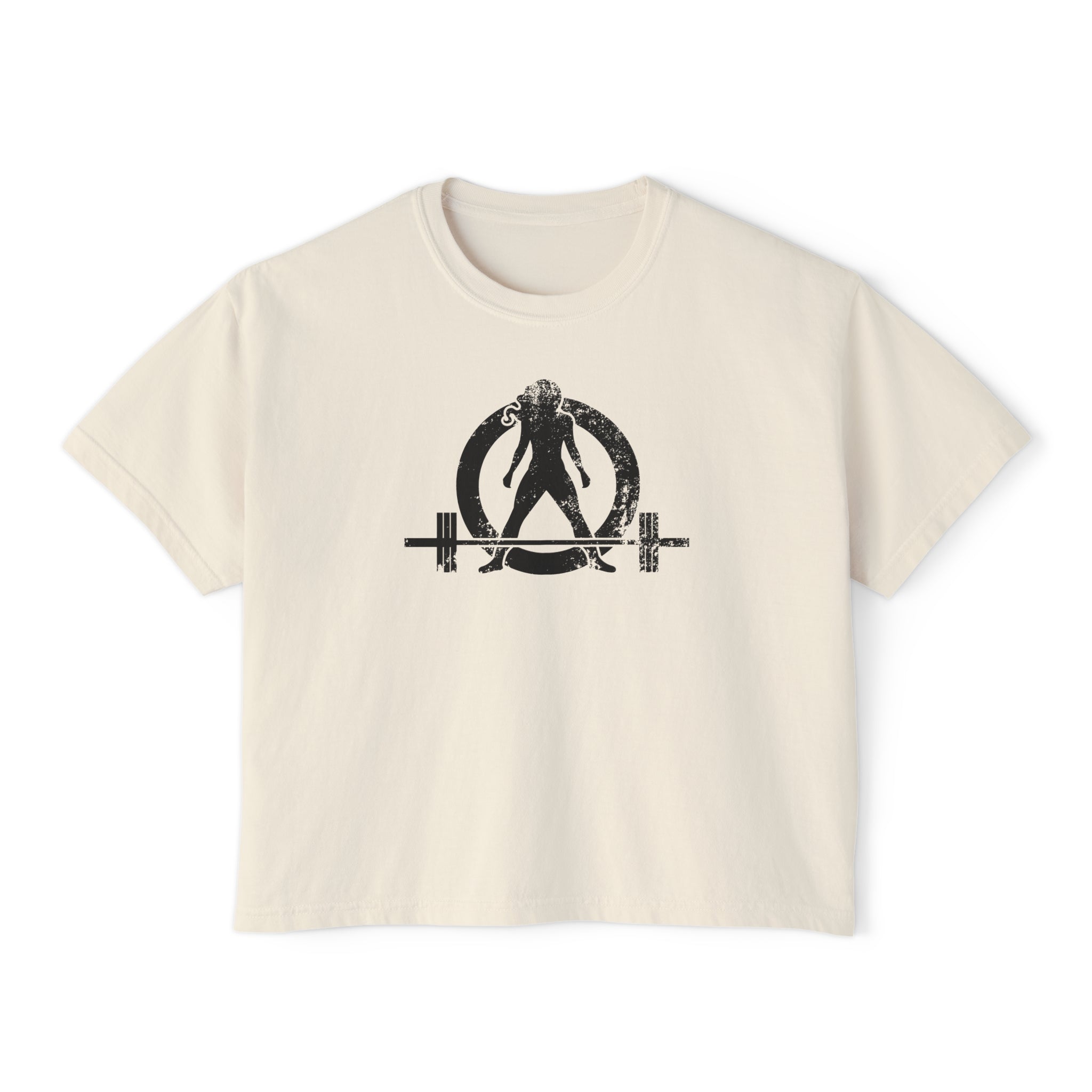 Women's Boxy Tee - Black Distressed Logo Front Plain Back