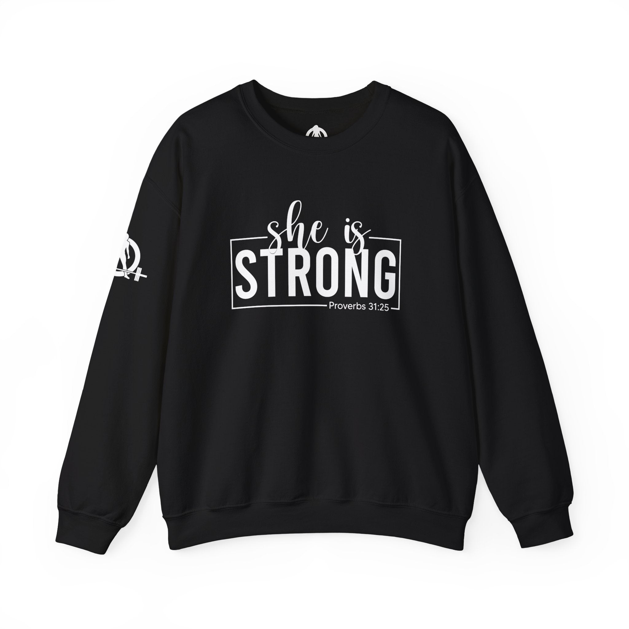She is STRONG - Unisex Heavy Blend™ Crewneck Sweatshirt - Front White Logo - Plain Back