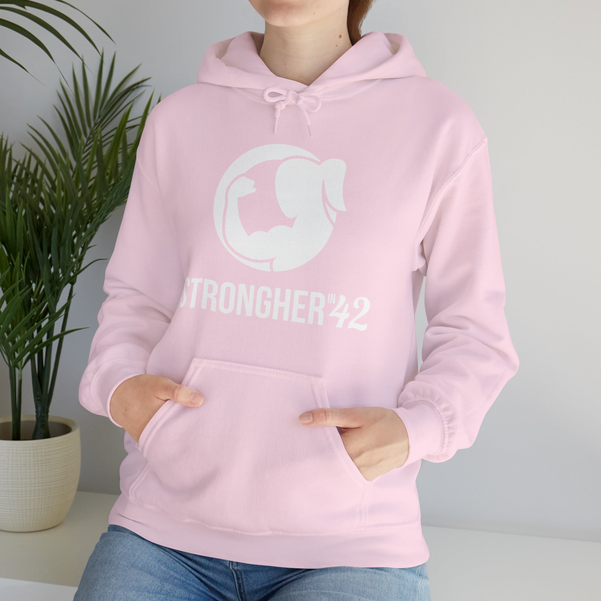 Strong Her in 42 - Classic Logo White - Unisex Heavy Blend Hooded Sweatshirt