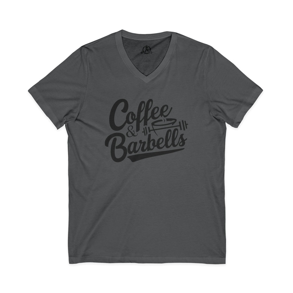 Coffee & Barbells - Unisex Jersey Short Sleeve V-Neck Tee - Black Logo Plain Back