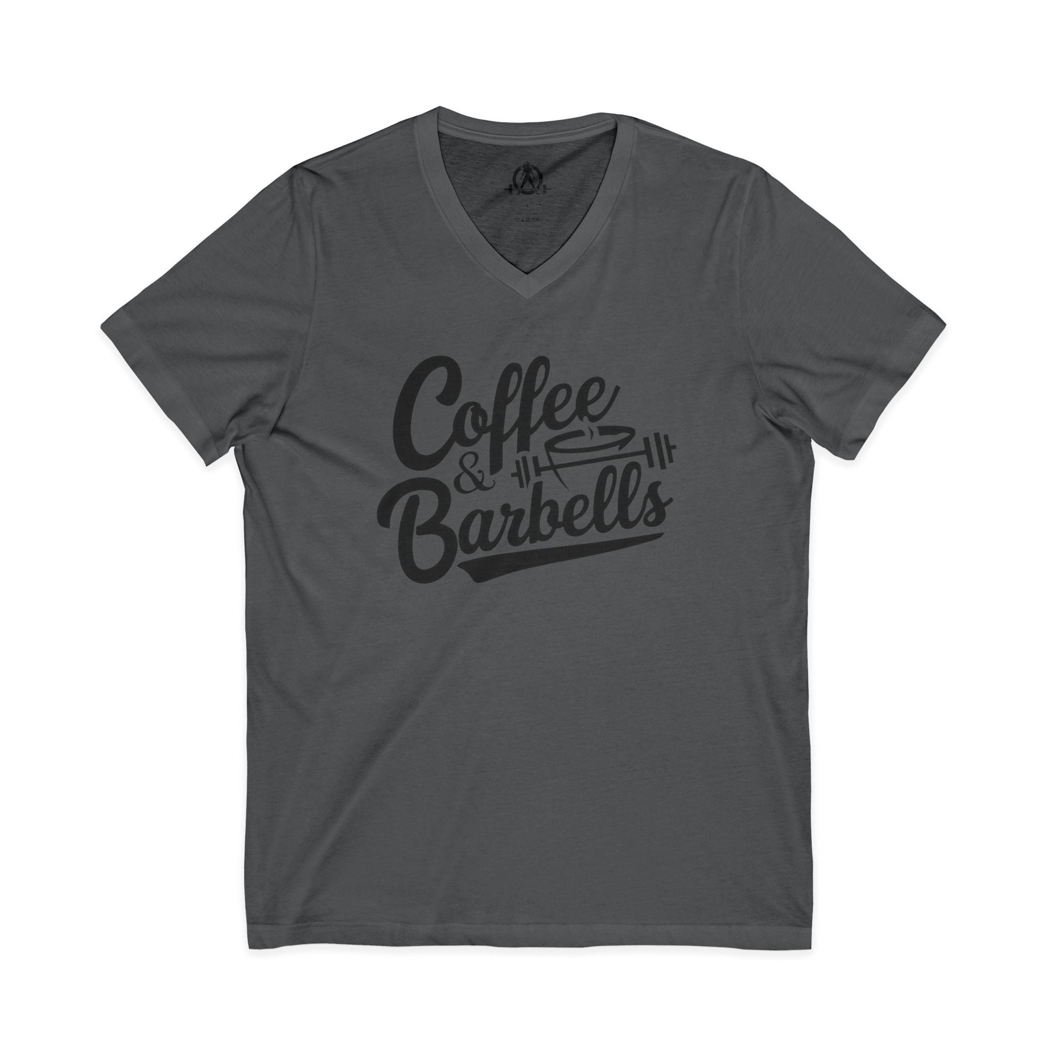 Coffee & Barbells - Unisex Jersey Short Sleeve V-Neck Tee - Black Logo Plain Back
