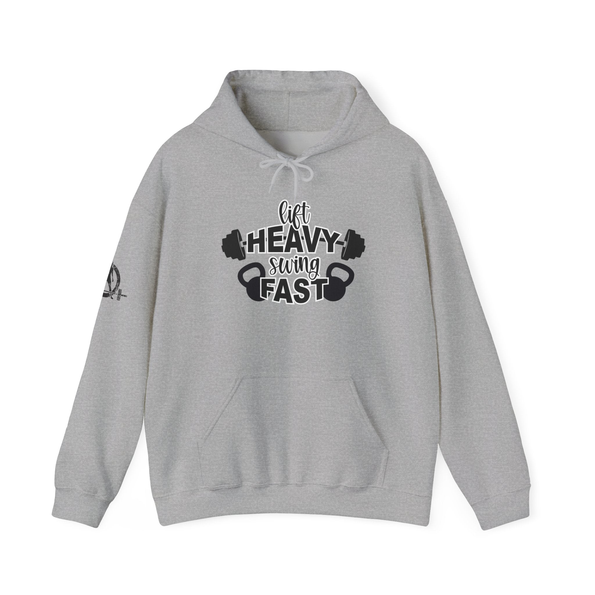 Lift Heavy Swing Fast - Unisex Heavy Blend Hooded Sweatshirt - Black Logo - Right Shoulder - Plain Back