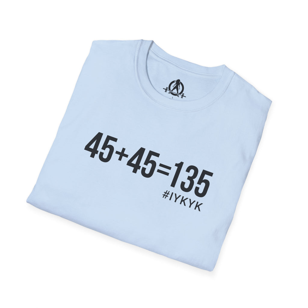 45 + 45 = 135 - Unisex Softstyle T-Shirt - Black Print on Front Plain Back
