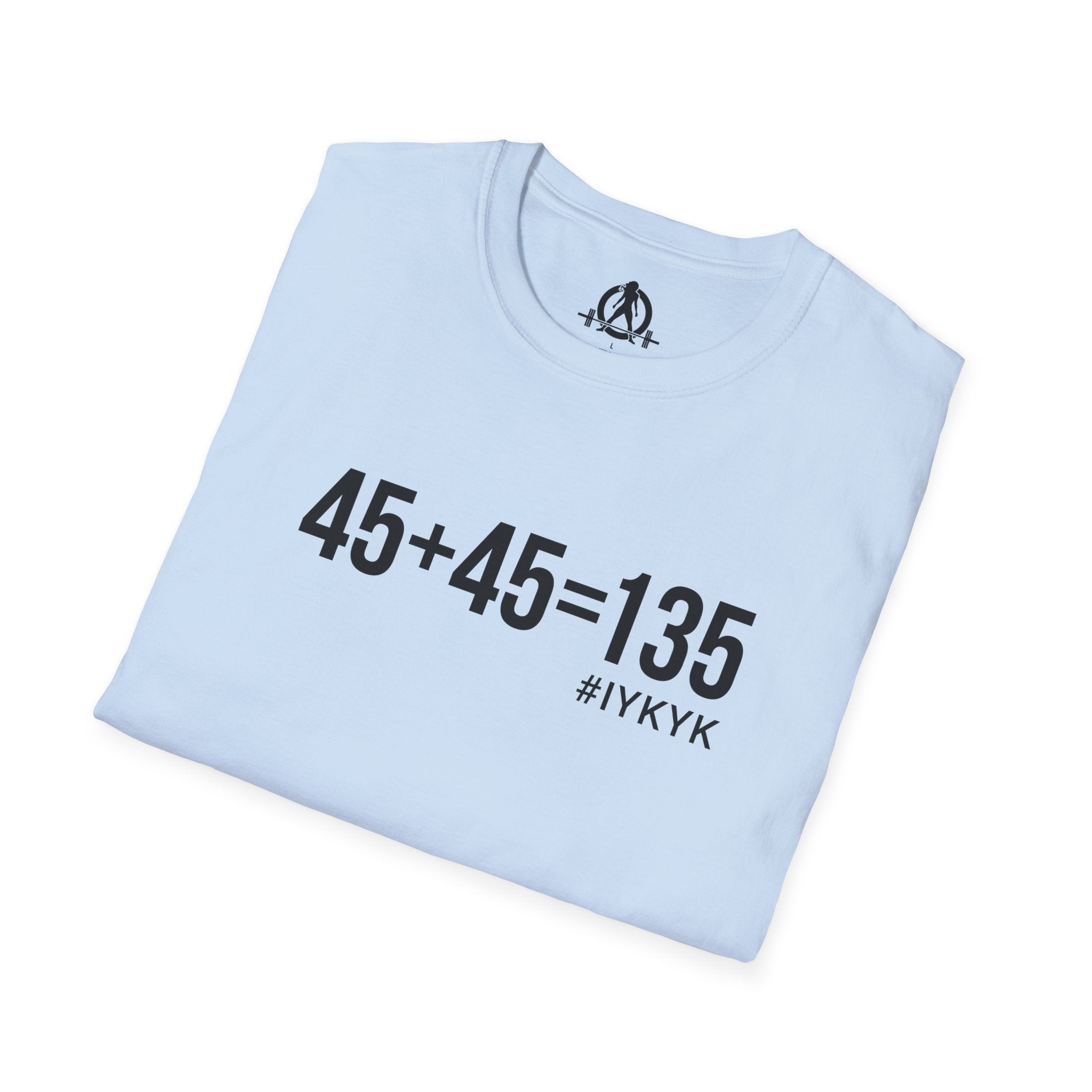 45 + 45 = 135 - Unisex Softstyle T-Shirt - Black Print on Front Plain Back