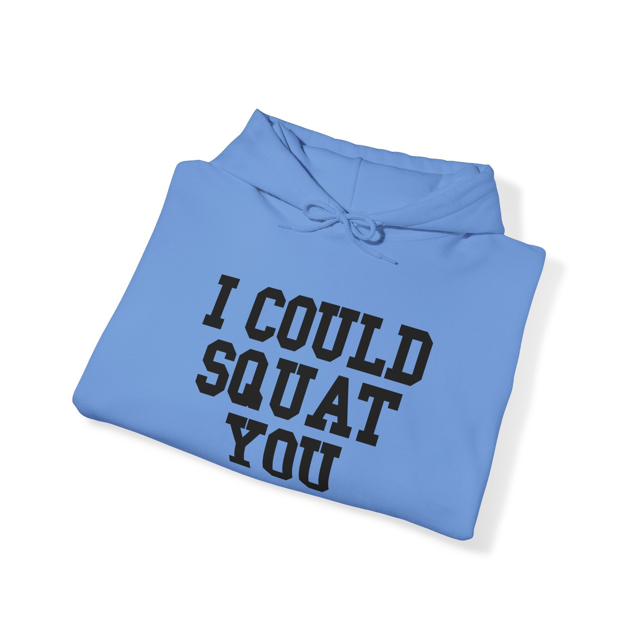 I Could Squat You - Classic Logo White - Unisex Heavy Blend Hooded Sweatshirt - Black Print on Front