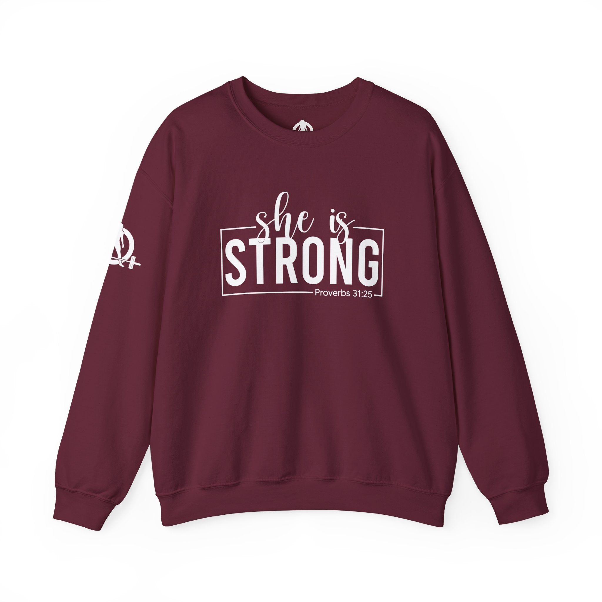 She is STRONG - Unisex Heavy Blend™ Crewneck Sweatshirt - Front White Logo - Plain Back