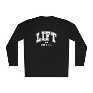 Lift Like A Girl - Unisex Lightweight Long Sleeve Tee - White Logo Plain Back