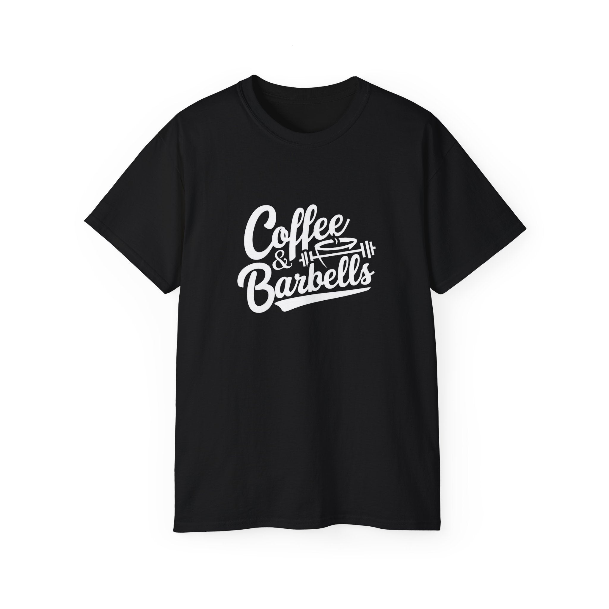 Coffee & Barbells - Unisex Ultra Cotton Tee - Front White Logo - Plain Back