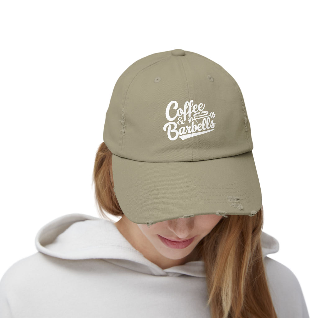 Coffee & Barbells - Unisex Distressed Cap - White Logo