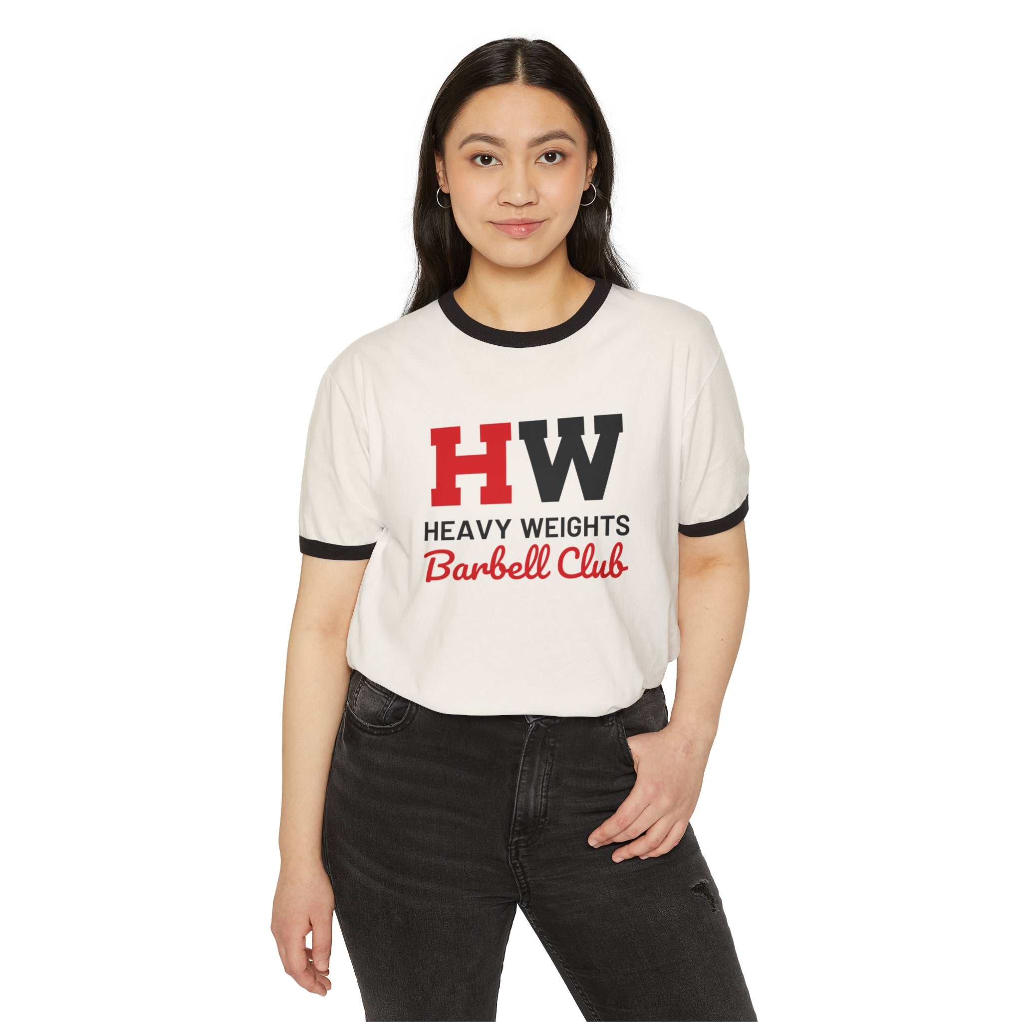 HW Barbell Club - Unisex Cotton Ringer T-Shirt - Black Classic Logo Front Plain Back