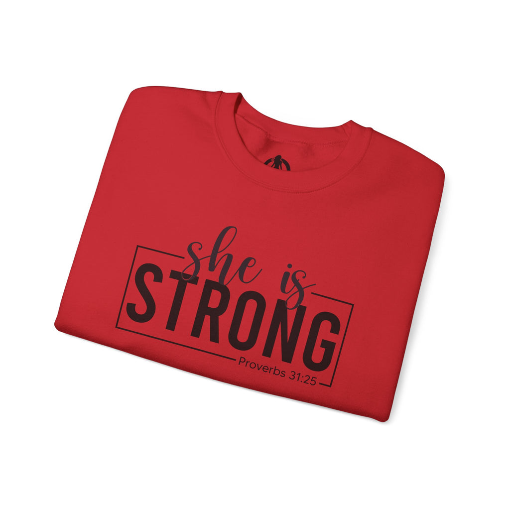 She is STRONG - Unisex Heavy Blend™ Crewneck Sweatshirt - Front Black Logo - Plain Back