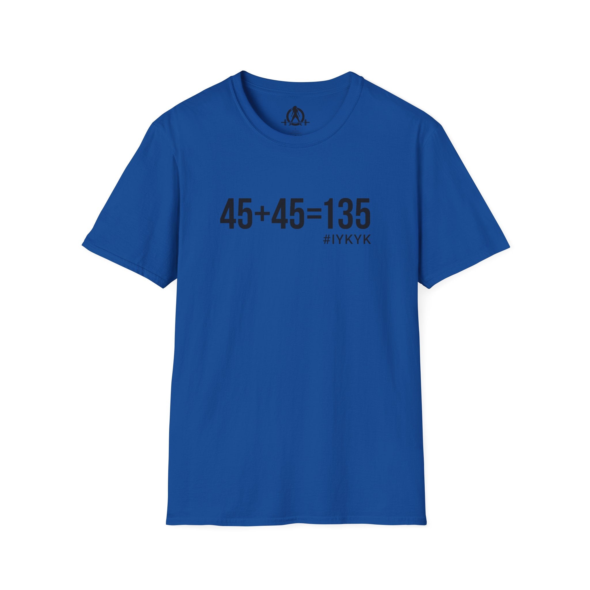 45 + 45 = 135 - Unisex Softstyle T-Shirt - Black Print on Front Plain Back