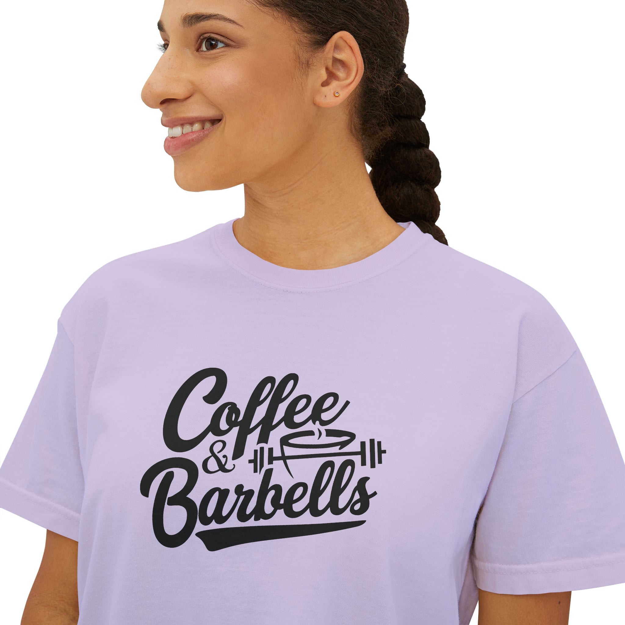 Coffee & Barbells - Women's Boxy Tee - Black Logo Front Plain Back