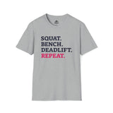 Squat Bench Deadlift Repeat - Unisex Softstyle T-Shirt - Pink - Plain Back