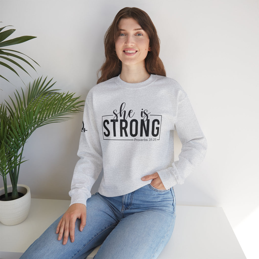 She is STRONG - Unisex Heavy Blend™ Crewneck Sweatshirt - Front Black Logo - Plain Back
