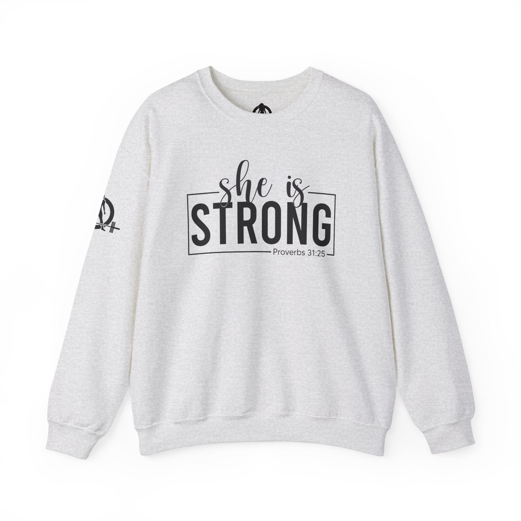 She is STRONG - Unisex Heavy Blend™ Crewneck Sweatshirt - Front Black Logo - Plain Back