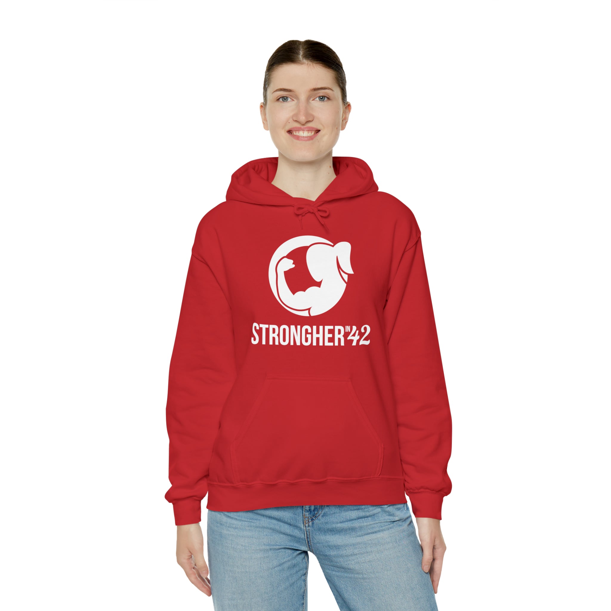 Strong Her in 42 - Classic Logo White - Unisex Heavy Blend Hooded Sweatshirt