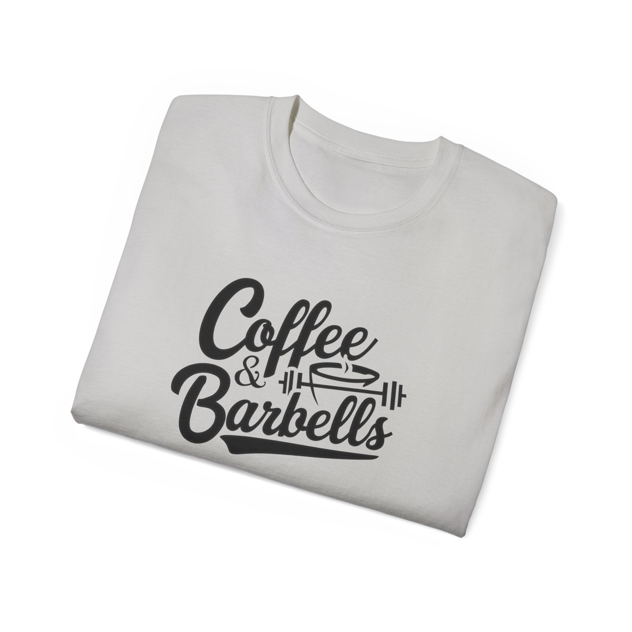 Coffee & Barbells - Unisex Ultra Cotton Tee - Front Black Logo - Plain Back