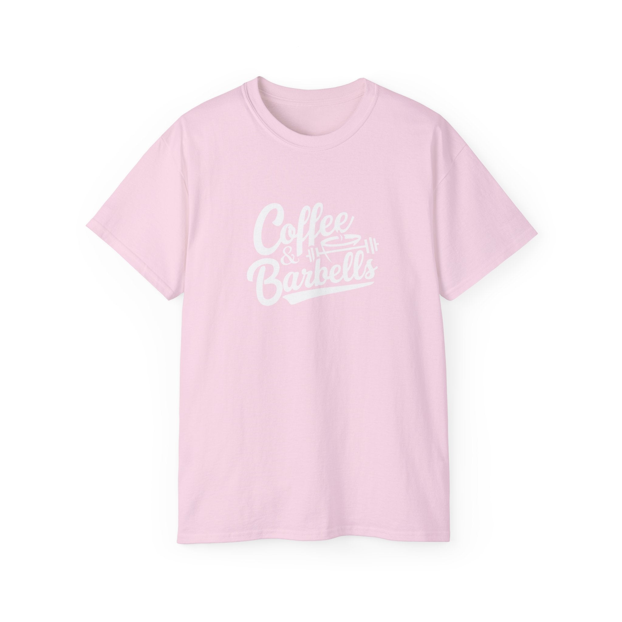 Coffee & Barbells - Unisex Ultra Cotton Tee - Front White Logo - Plain Back