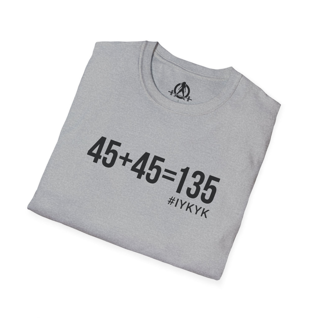 45 + 45 = 135 - Unisex Softstyle T-Shirt - Black Print on Front Plain Back