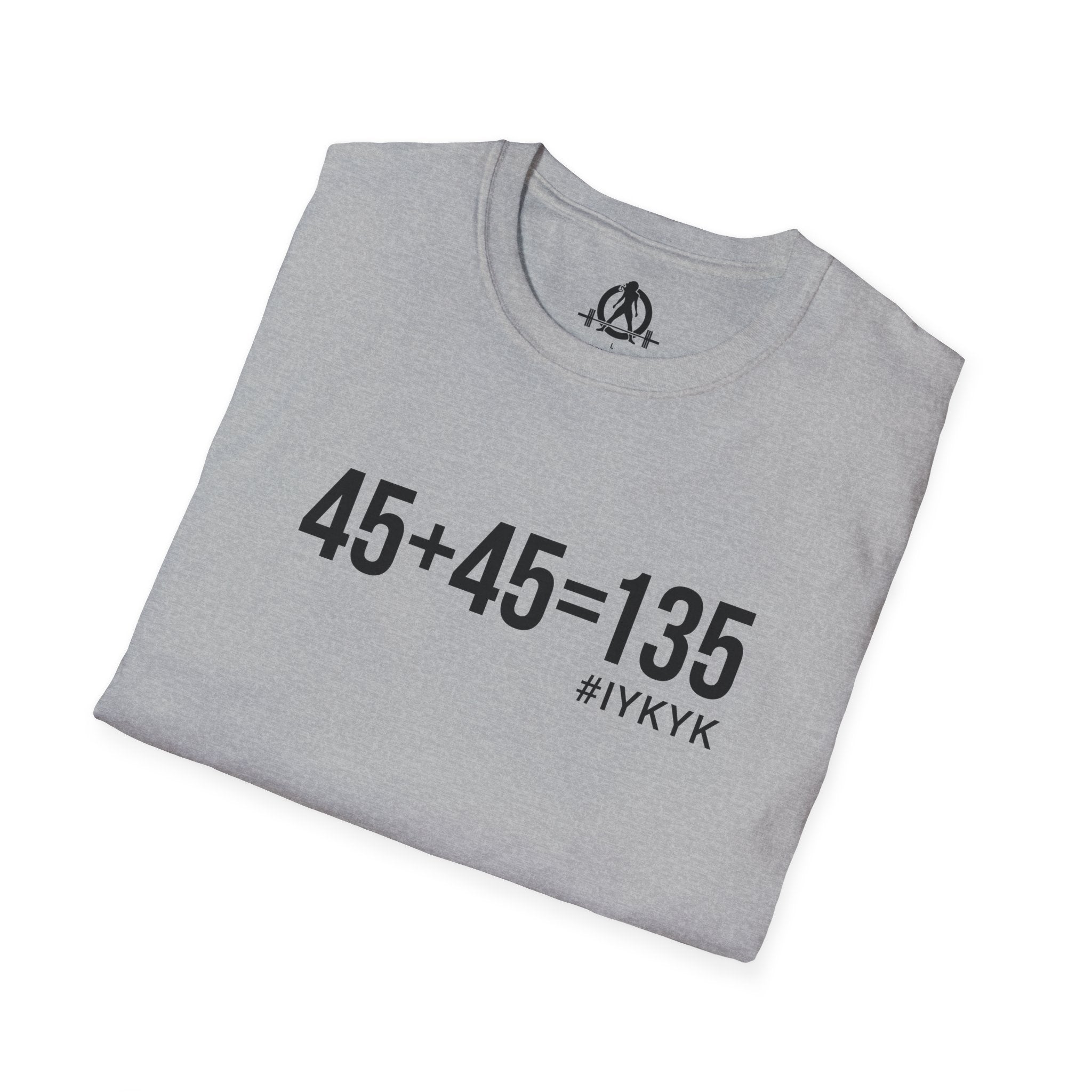 45 + 45 = 135 - Unisex Softstyle T-Shirt - Black Print on Front Plain Back