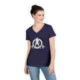 Ladies' V-Neck T-Shirt -  White Distressed Logo