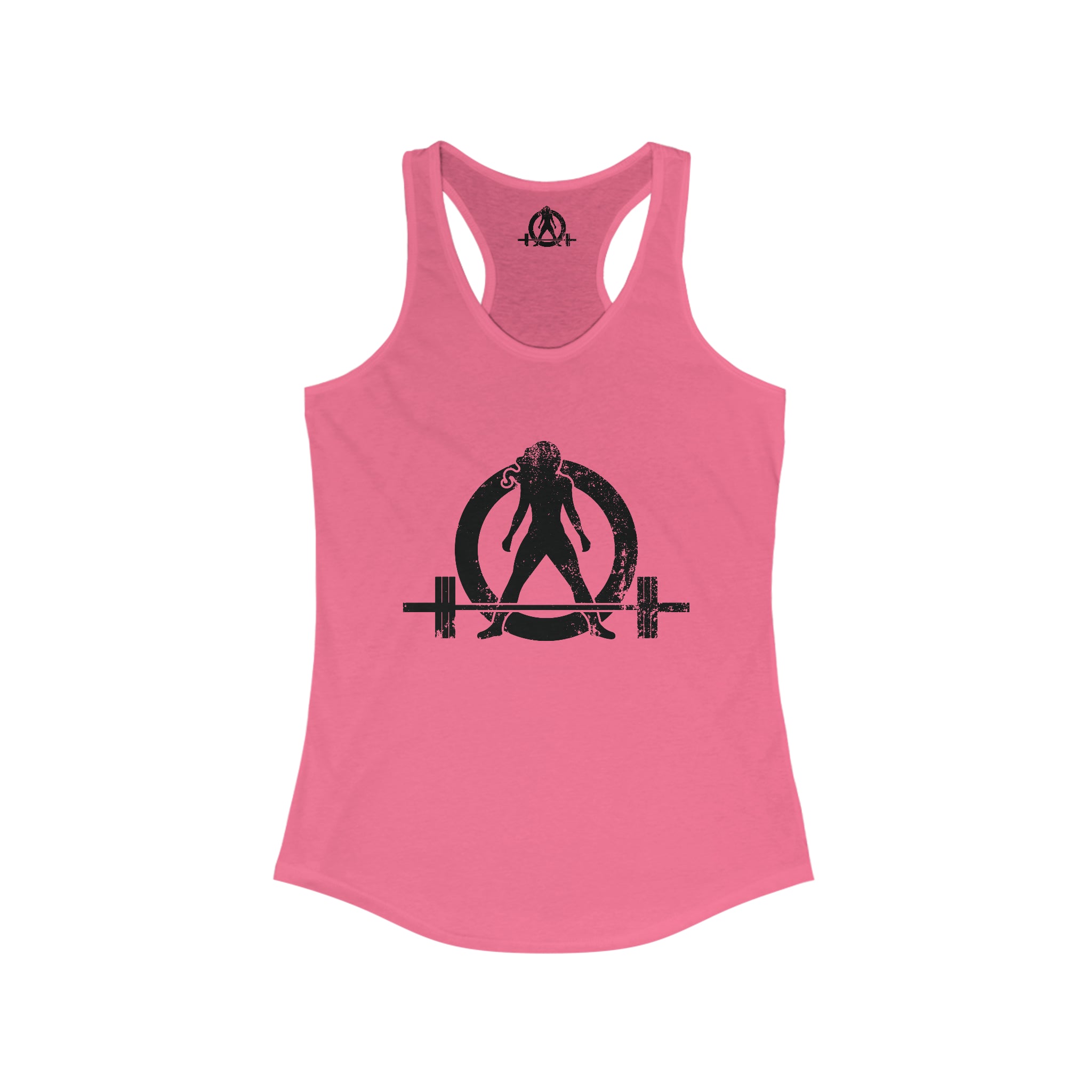 Squat Bench Deadlift Repeat - Women's Ideal Racerback Tank - Black Distressed Logo + Pink - Light - SBDR on Back