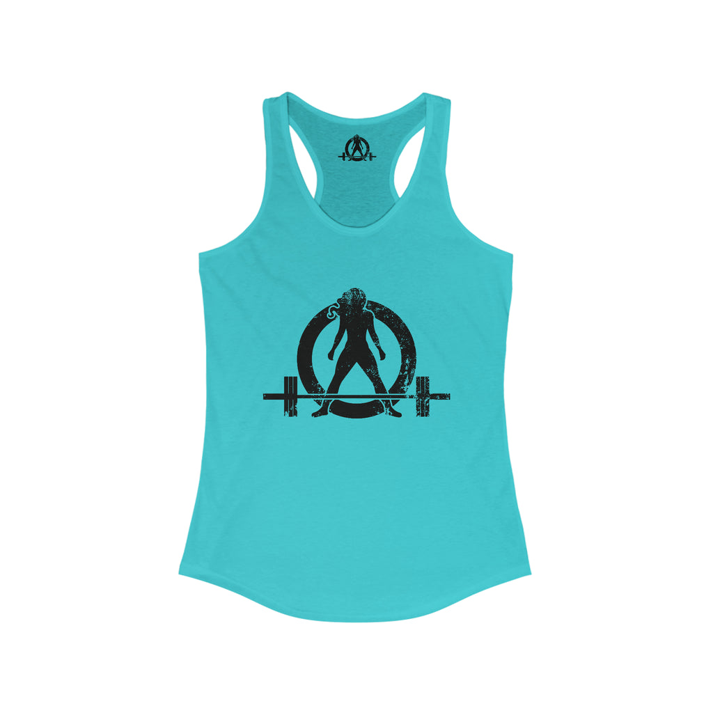 Squat Bench Deadlift Repeat - Women's Ideal Racerback Tank - Black Distressed Logo + Pink - Light - SBDR on Back