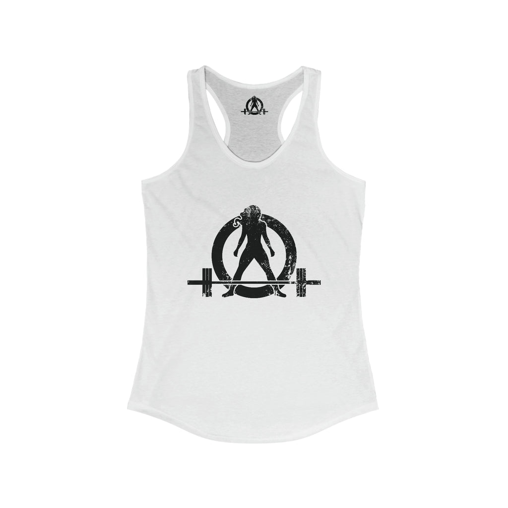 Squat Bench Deadlift Repeat - Women's Ideal Racerback Tank - Black Distressed Logo + Pink - Light - SBDR on Back
