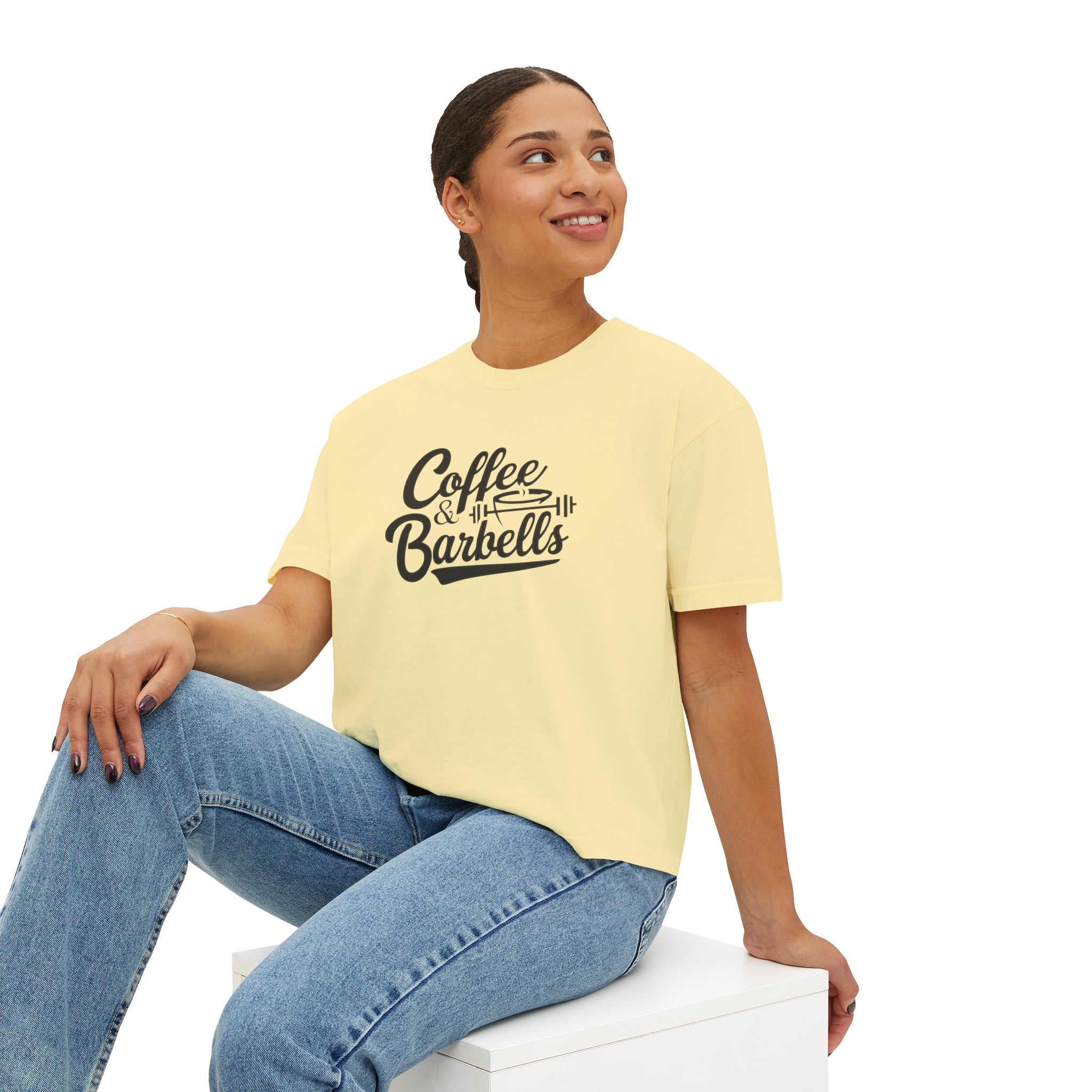 Coffee & Barbells - Women's Boxy Tee - Black Logo Front Plain Back