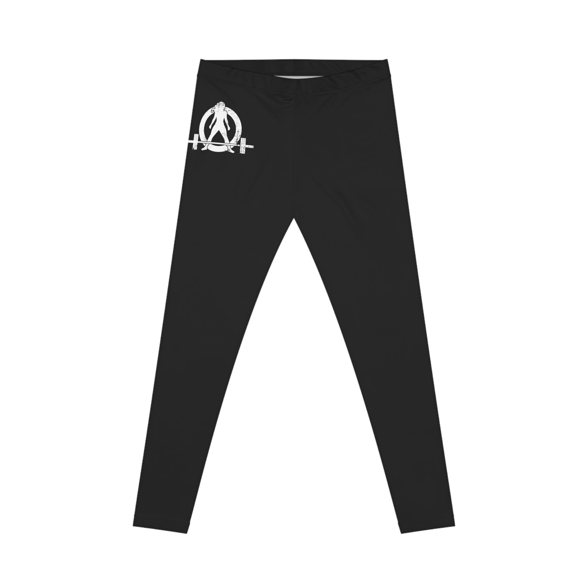 Black Women's Casual Leggings - Black and White Distressed Logo - Right Hip