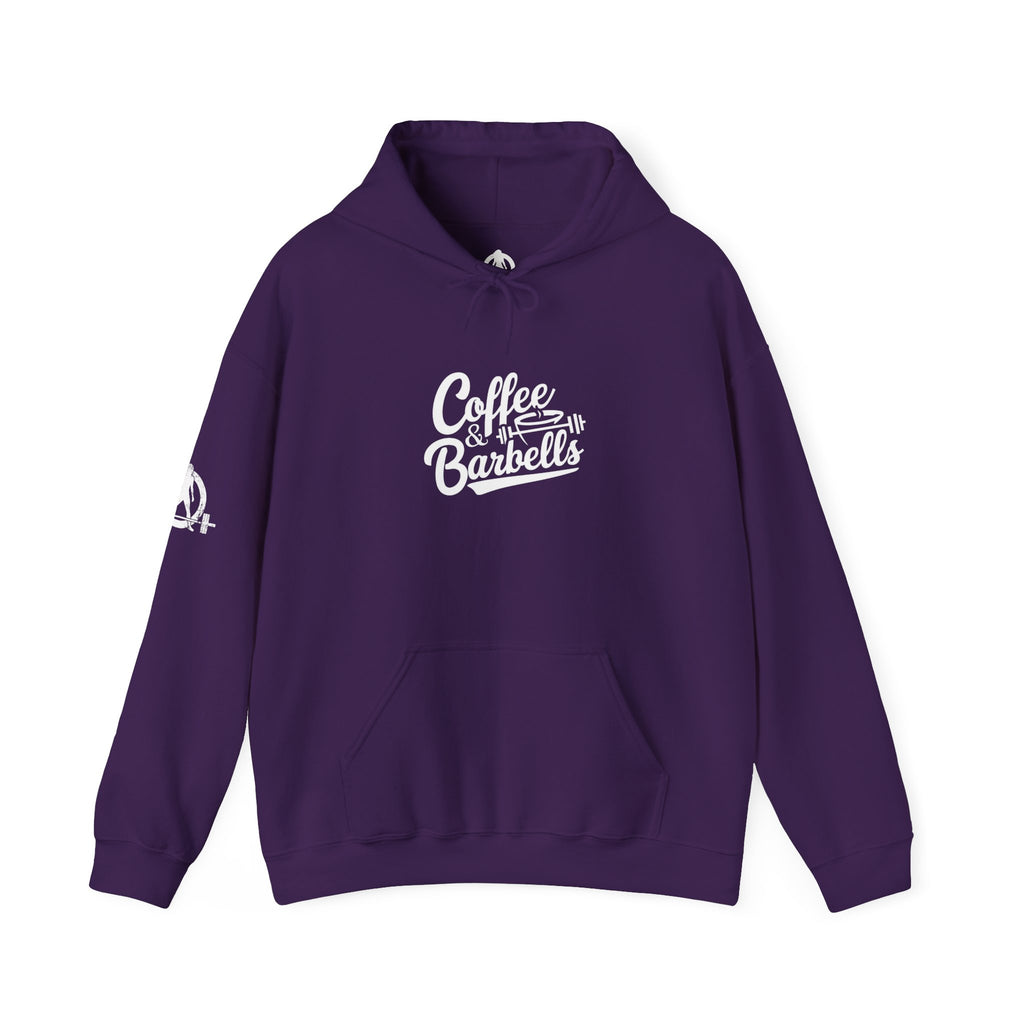 Coffee & Barbells - Unisex Heavy Blend Hooded Sweatshirt - White Logo on Front & Right Sleeve