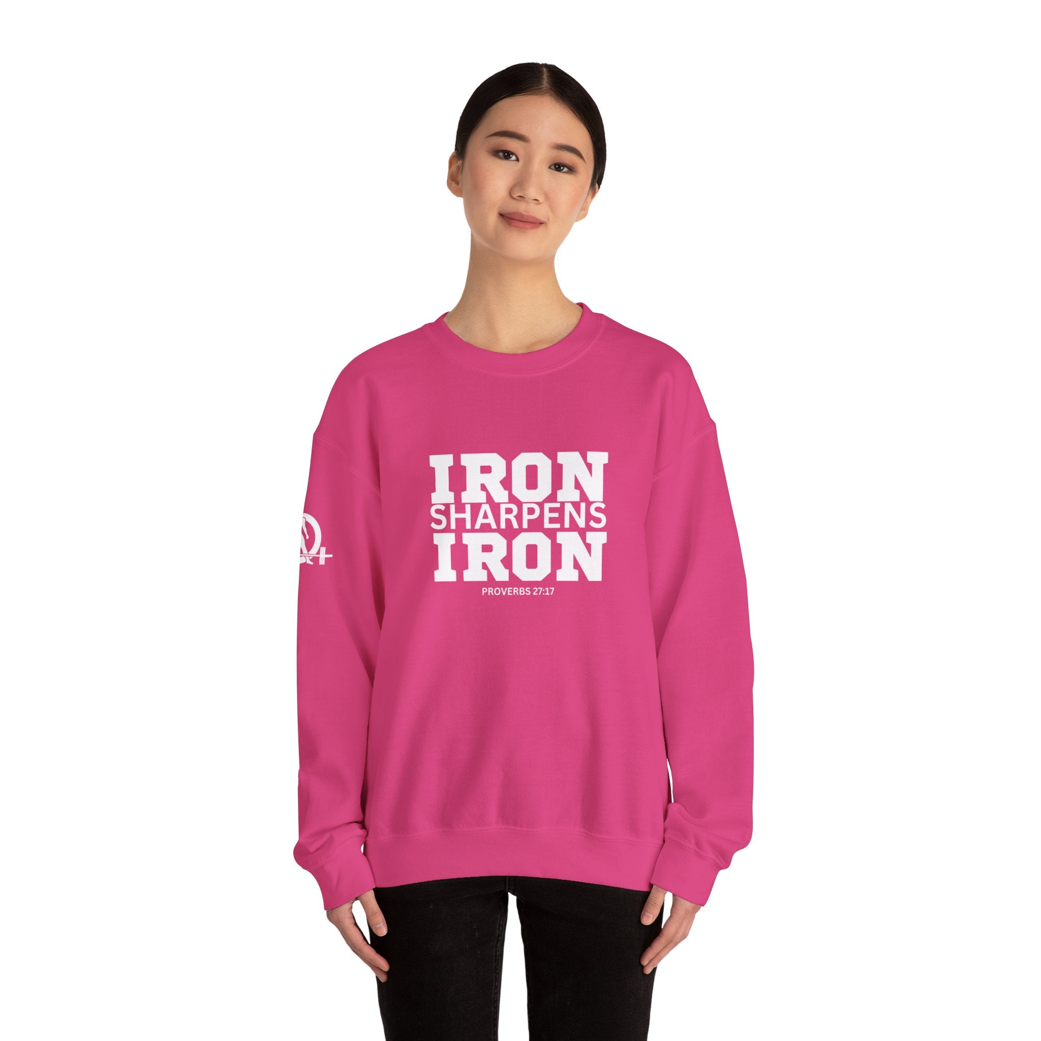 Iron Sharpens Iron - Unisex Heavy Blend™ Crewneck Sweatshirt - Front White Logo - Plain Back