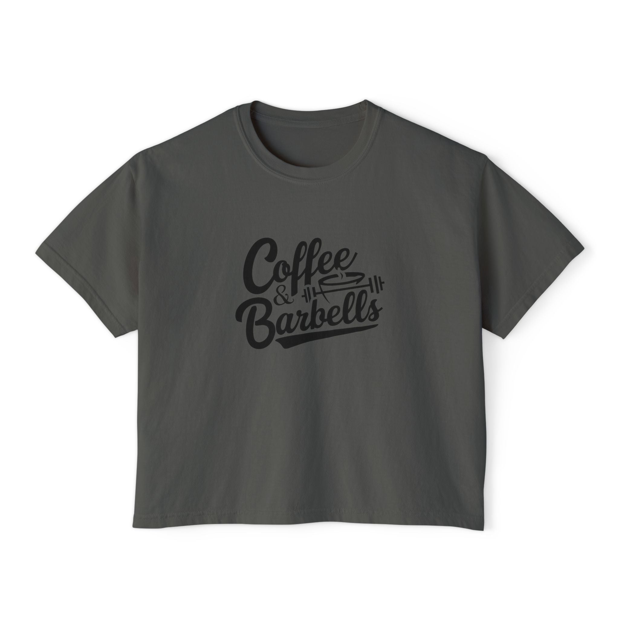 Coffee & Barbells - Women's Boxy Tee - Black Logo Front Plain Back