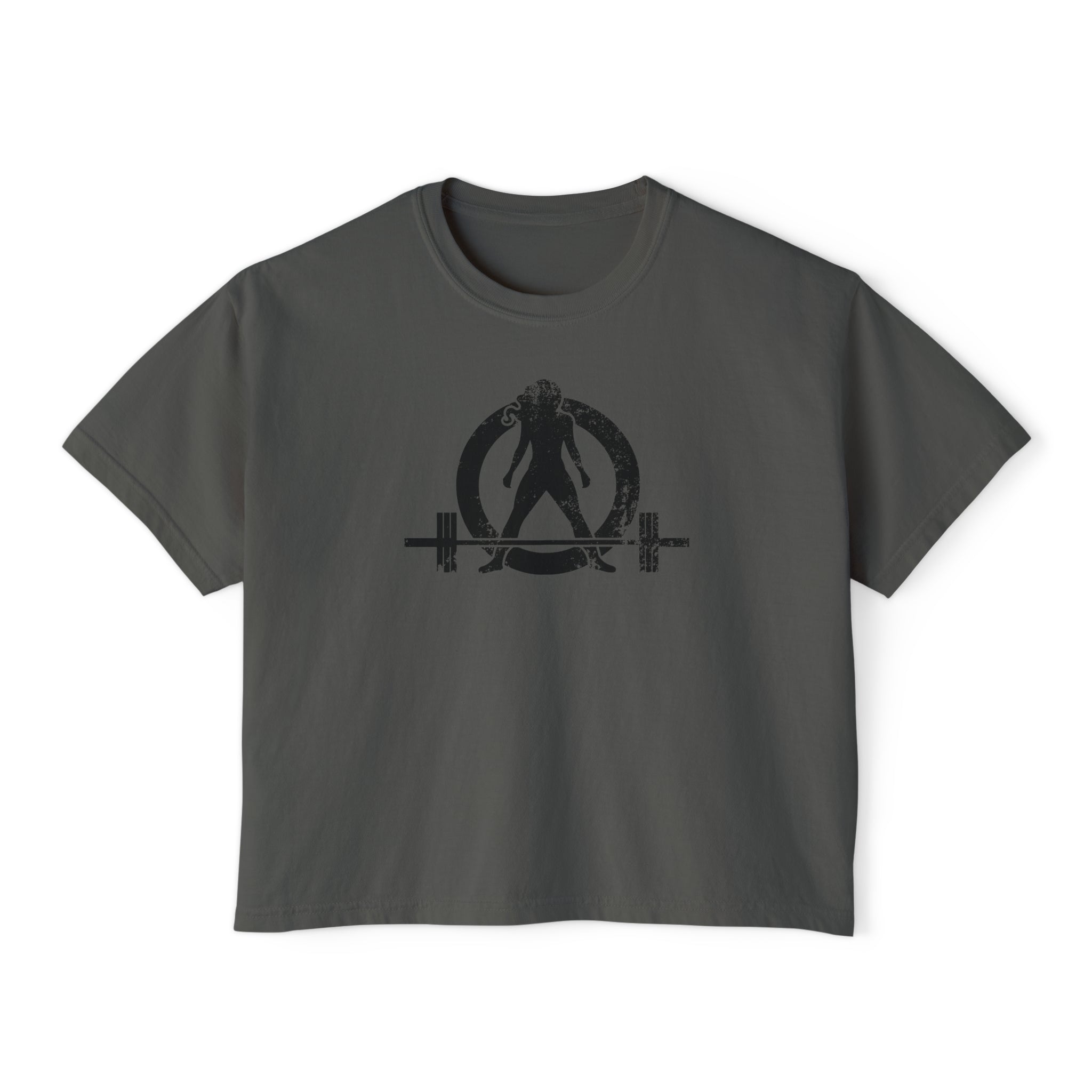 Women's Boxy Tee - Black Distressed Logo Front Plain Back