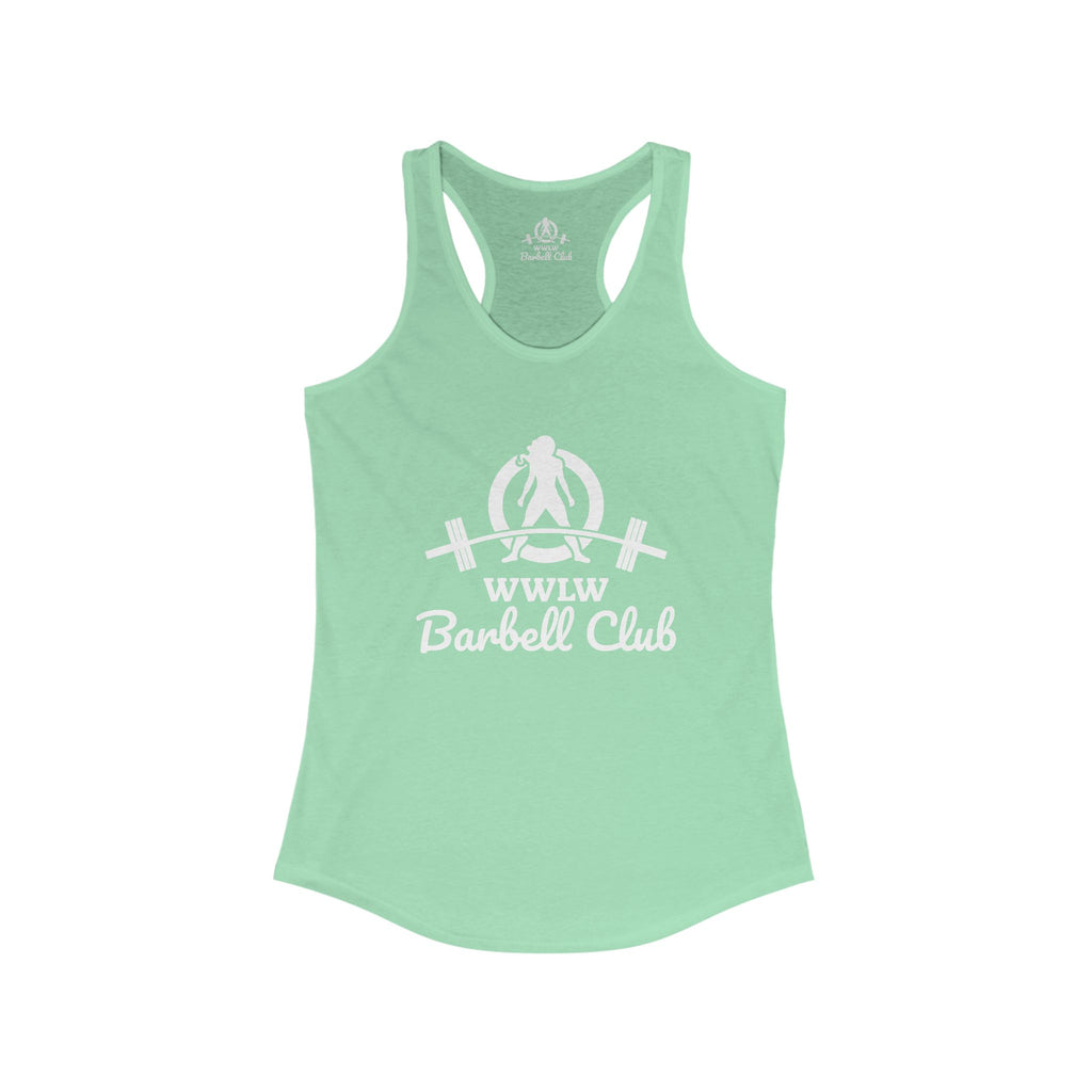WWLW Barbell Club - Women's Ideal Racerback Tank - White Logo Plain Back